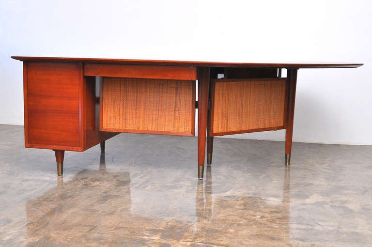 Mid-Century Modern 1950's American Boomerang Shaped Walnut and Cane Executive Desk