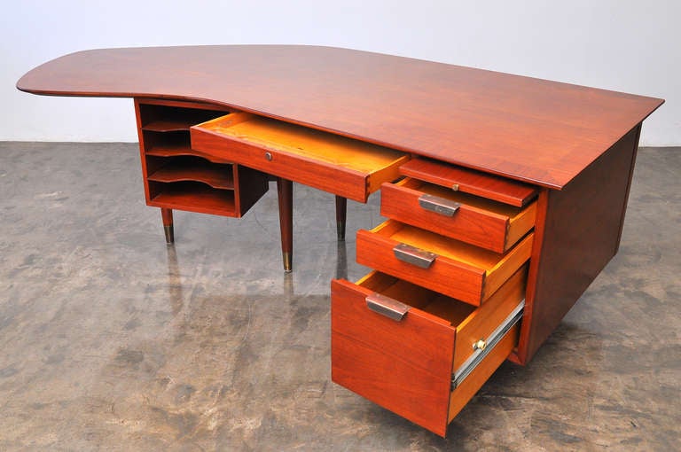 1950's American Boomerang Shaped Walnut and Cane Executive Desk 2