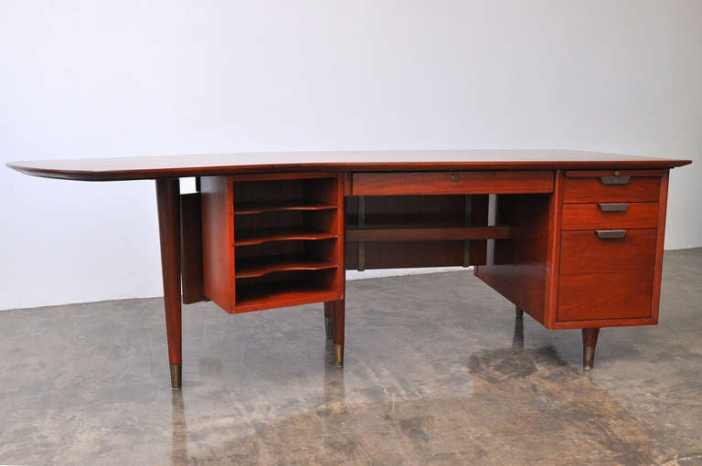 Mid-20th Century 1950's American Boomerang Shaped Walnut and Cane Executive Desk