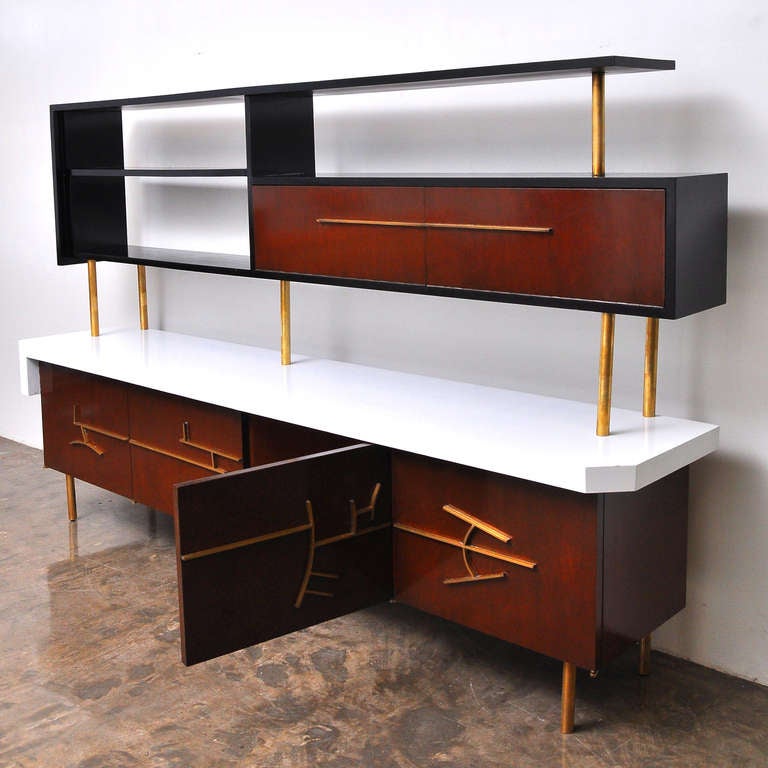 Mid-Century Modern Eugenio Escudero Credenza with Floating Hutch and Bar