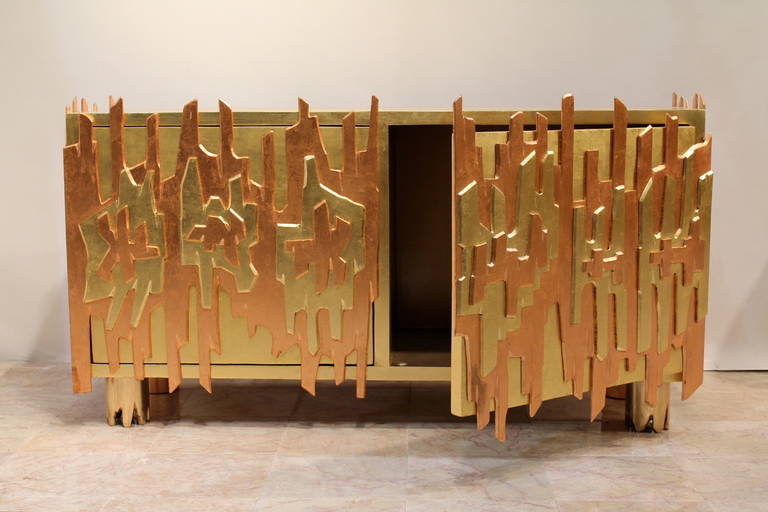 Mexican Sculptured Metal Gilded Cabinet by Pedro Baez, Mexico, 1974 For Sale