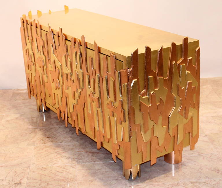 Bronze Sculptured Metal Gilded Cabinet by Pedro Baez, Mexico, 1974 For Sale