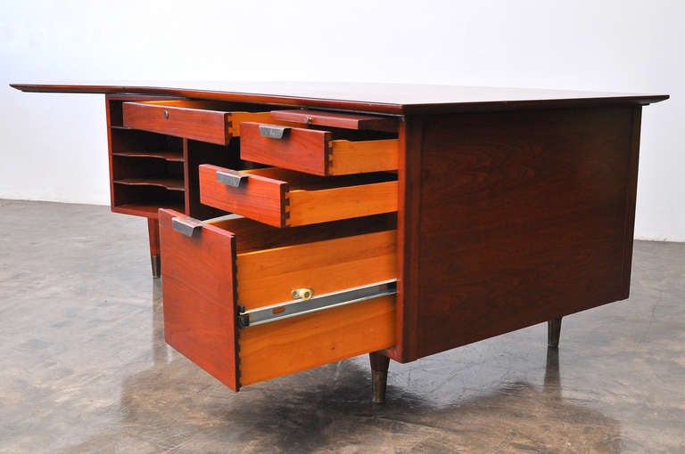 1950's American Boomerang Shaped Walnut and Cane Executive Desk 3