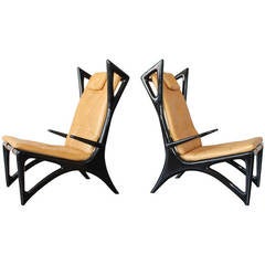 Italian Ebonized Wood and Leather Sculptural Wing Lounge Chairs, 1950s