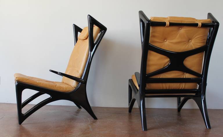 Mid-20th Century Italian Ebonized Wood and Leather Sculptural Wing Lounge Chairs, 1950s