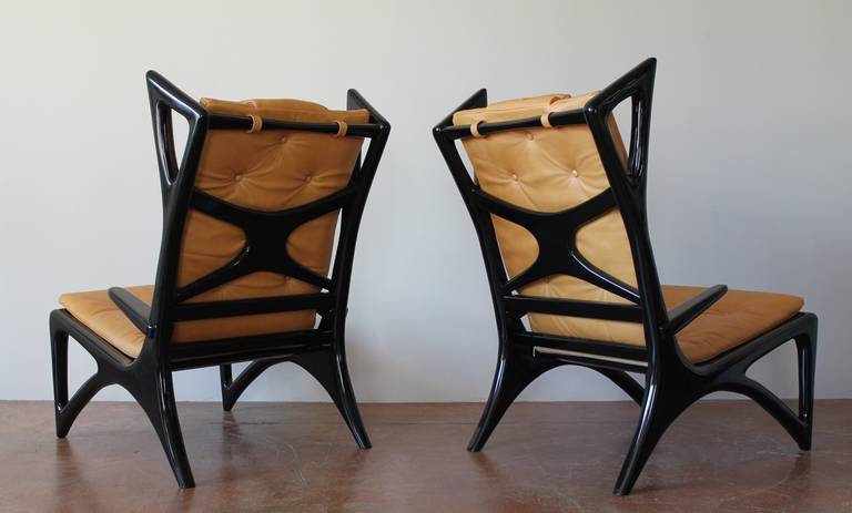 Italian Ebonized Wood and Leather Sculptural Wing Lounge Chairs, 1950s 3