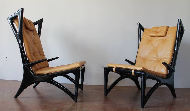 Italian Ebonized Wood and Leather Sculptural Wing Lounge Chairs, 1950s 1