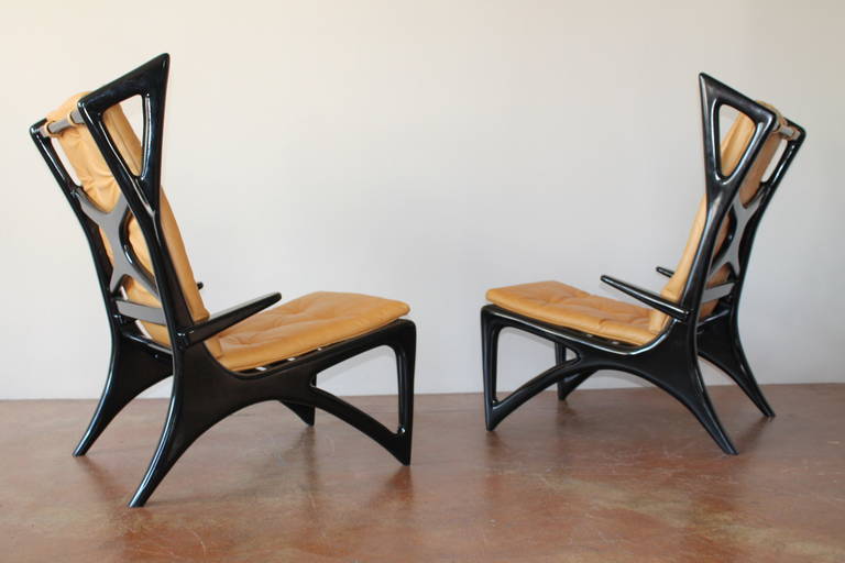 Italian Ebonized Wood and Leather Sculptural Wing Lounge Chairs, 1950s 6