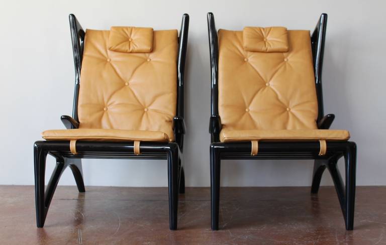 Italian Ebonized Wood and Leather Sculptural Wing Lounge Chairs, 1950s 2