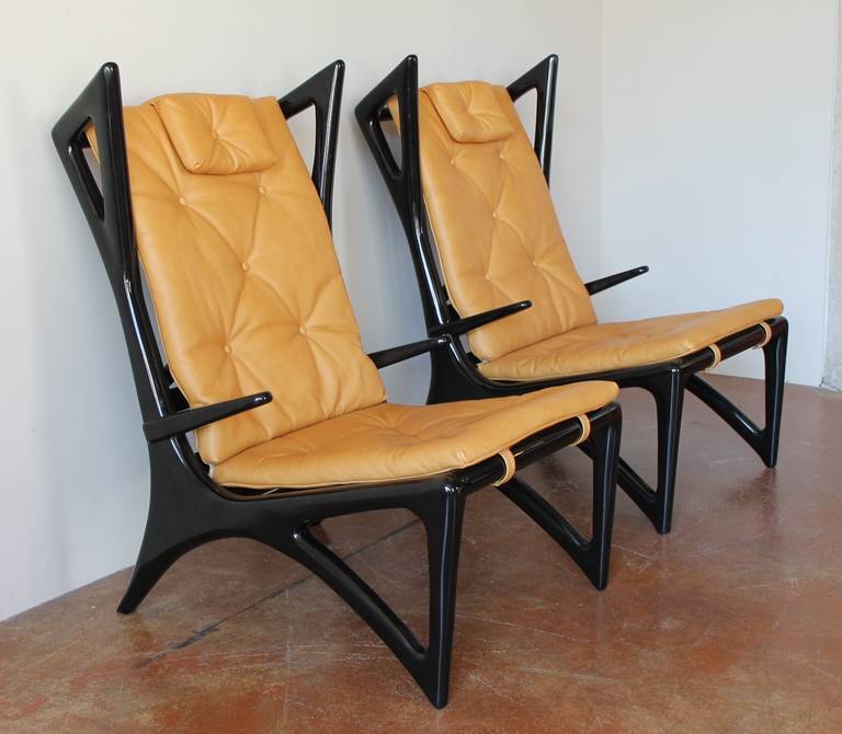 Italian Ebonized Wood and Leather Sculptural Wing Lounge Chairs, 1950s 4