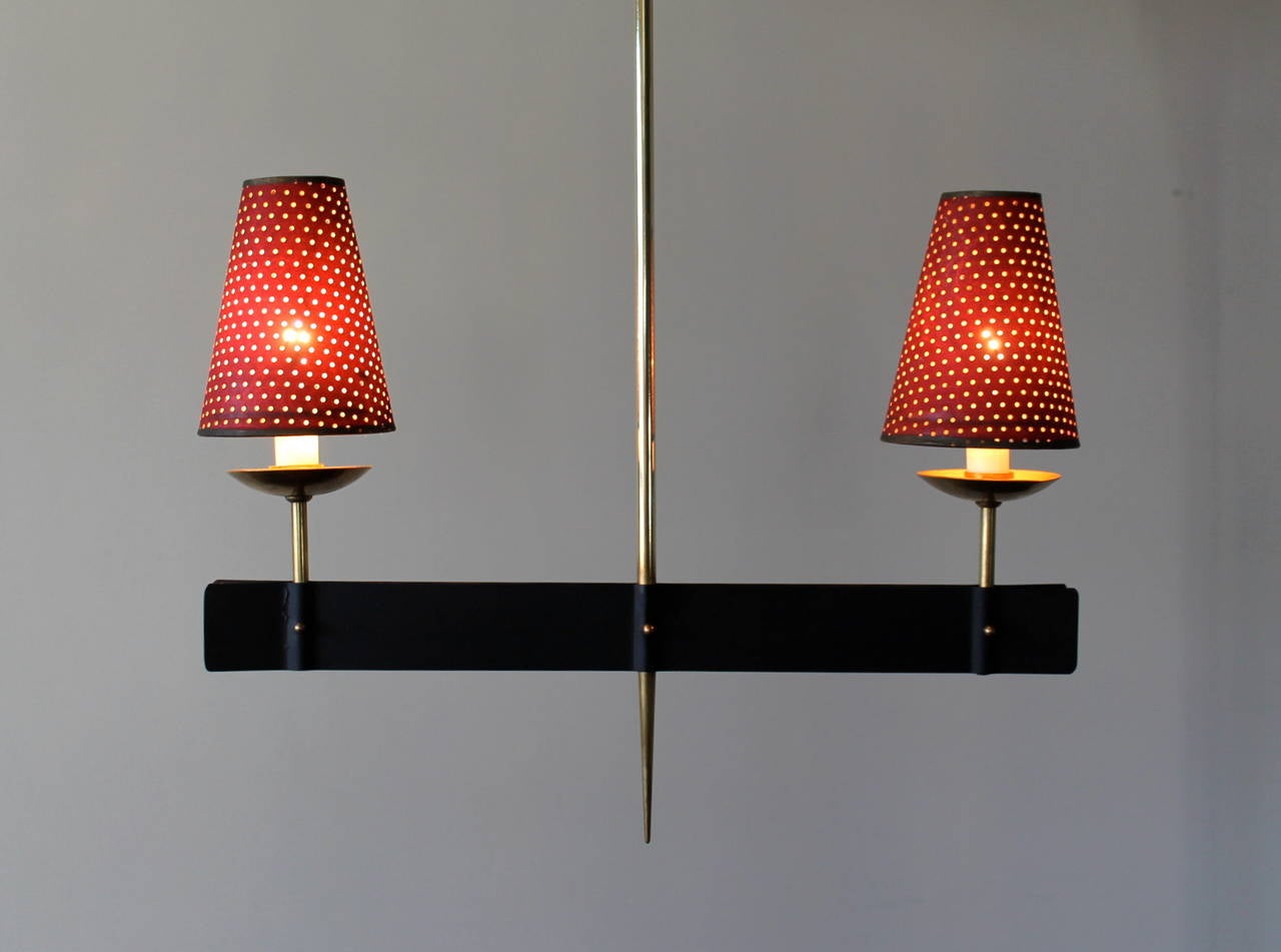 Mid-Century Modern Petite French Brass and Iron Hanging Lamp with Perforated Cone Paper Shades For Sale