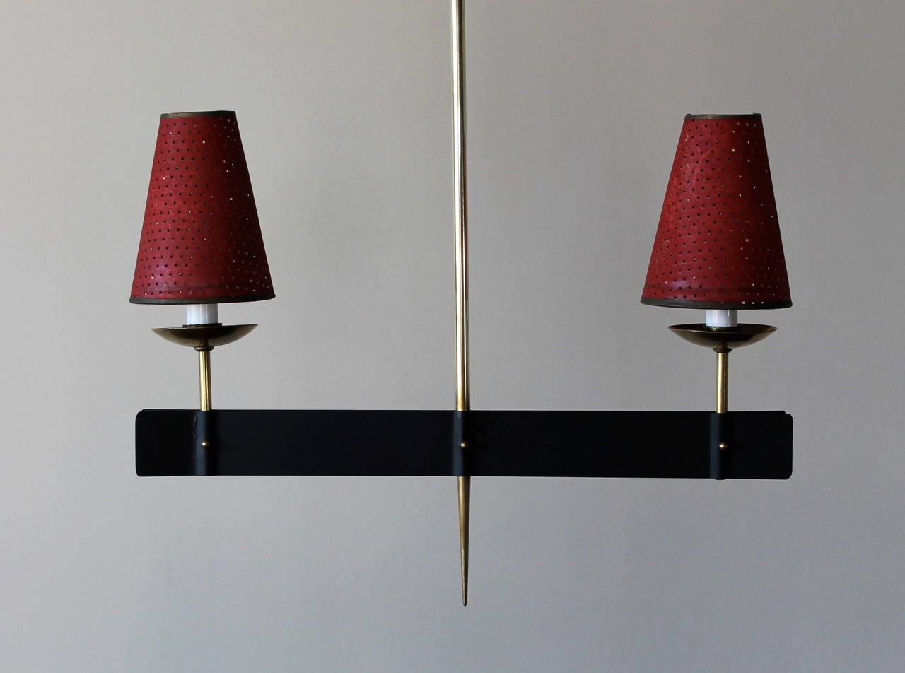 Mid-20th Century Petite French Brass and Iron Hanging Lamp with Perforated Cone Paper Shades For Sale