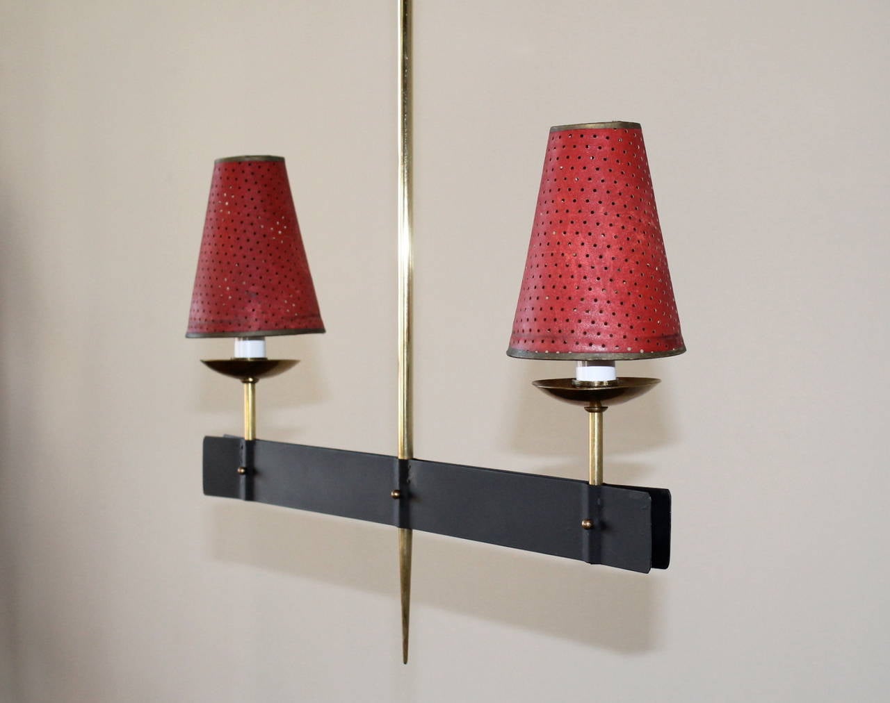 Petite French Brass and Iron Hanging Lamp with Perforated Cone Paper Shades In Excellent Condition For Sale In San Diego, CA