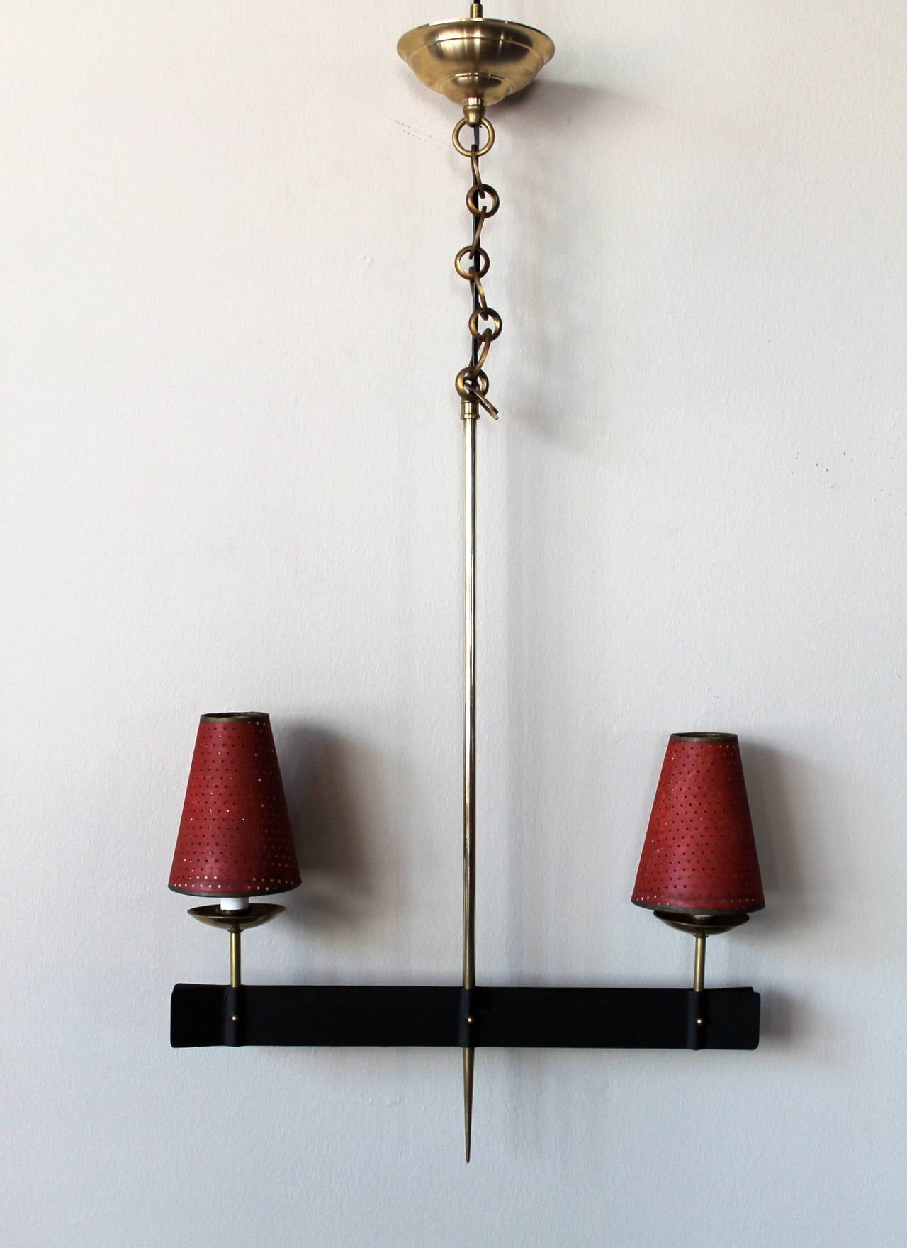 Petite French Brass and Iron Hanging Lamp with Perforated Cone Paper Shades For Sale 5