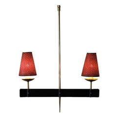 Petite French Brass and Iron Hanging Lamp with Perforated Cone Paper Shades
