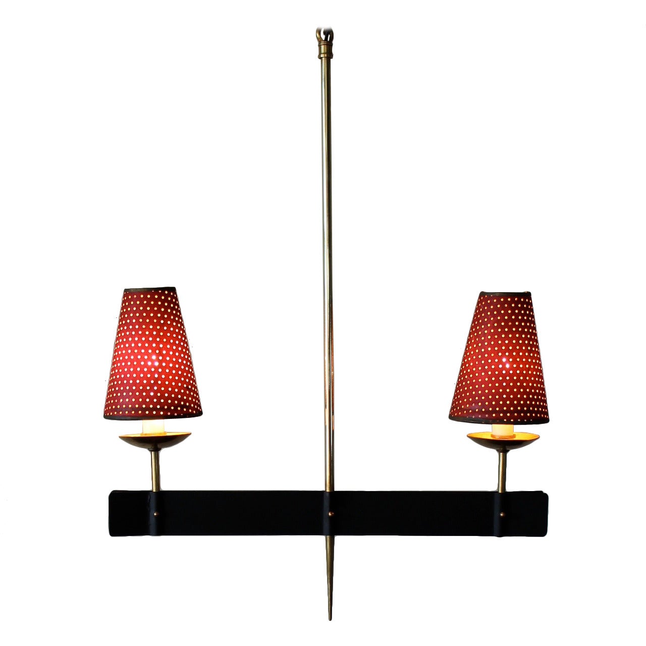 Petite French Brass and Iron Hanging Lamp with Perforated Cone Paper Shades For Sale