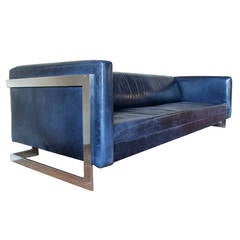 Blue Leather Milo Baughman Cantilevered Chrome Bar Sofa, circa 1970s