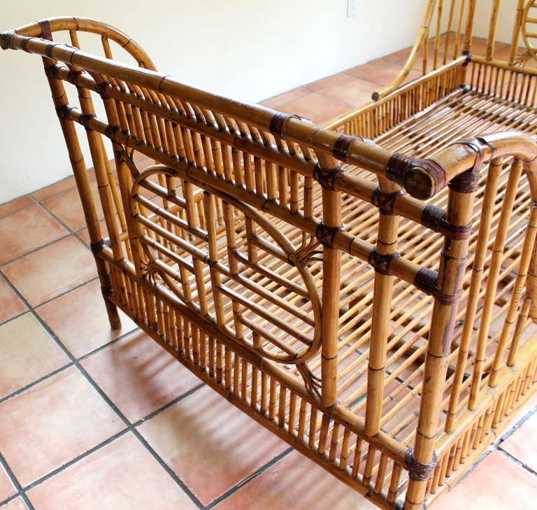 Chinese Chippendale 1960's Rattan Twin Sleigh Bed/Daybed