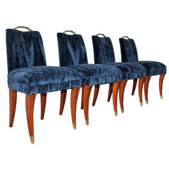 Arturo Pani Mahogany and Crushed Blue Velvet Dining Chairs, Mexico, 1950s