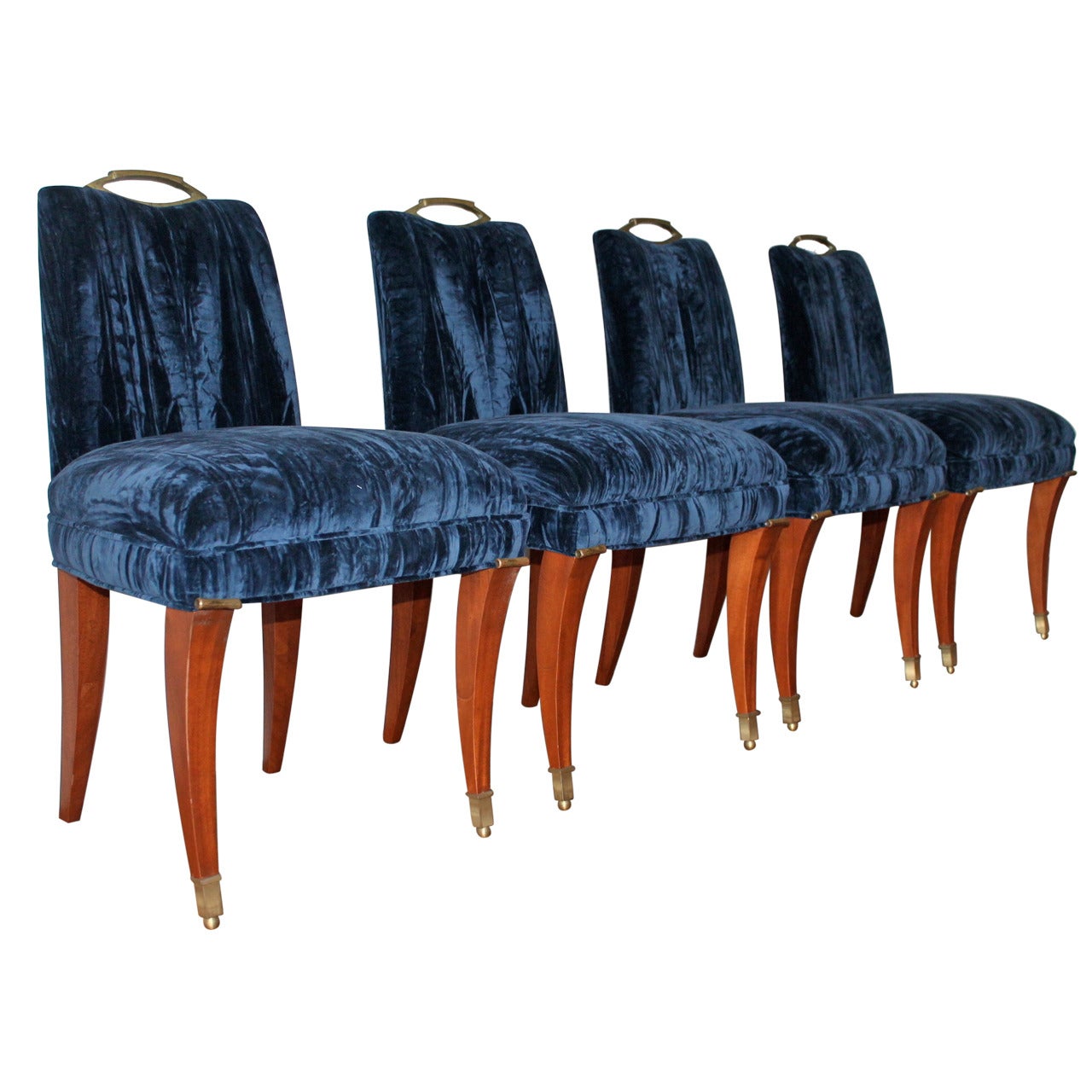 Arturo Pani Mahogany and Crushed Blue Velvet Dining Chairs, Mexico, 1950s