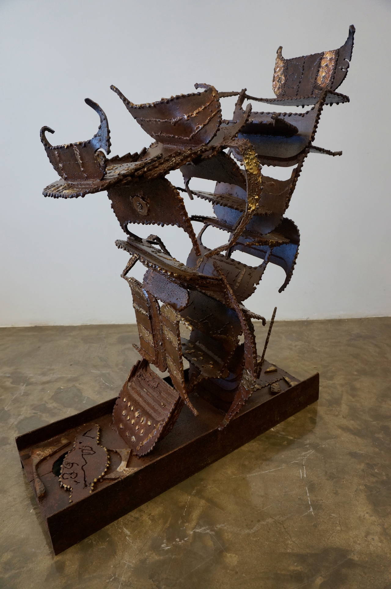 Unique and rare abstract Brutalist welded steel and brass sculpture.
Signed and dated 1968. Unknown artist.