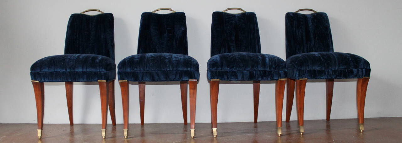 Arturo Pani Mahogany and Crushed Blue Velvet Dining Chairs, Mexico, 1950s In Good Condition In San Diego, CA