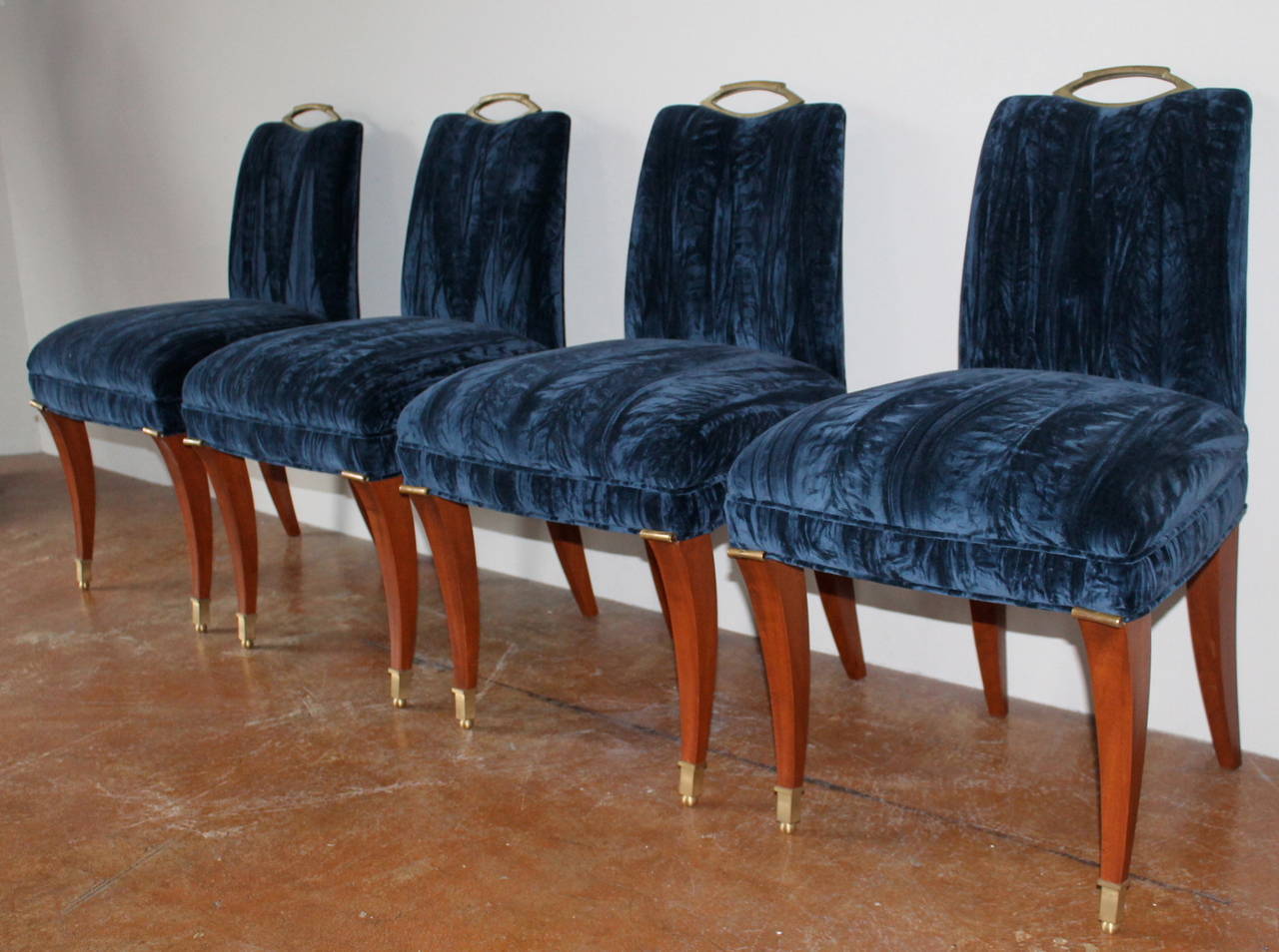Mexican Arturo Pani Mahogany and Crushed Blue Velvet Dining Chairs, Mexico, 1950s