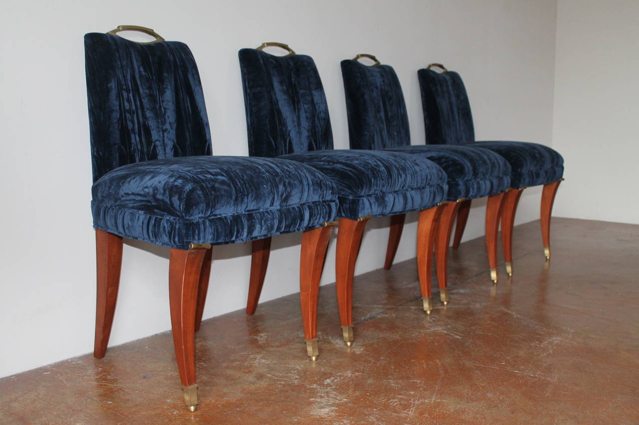 Arturo Pani Mahogany and Crushed Blue Velvet Dining Chairs, Mexico, 1950s 1