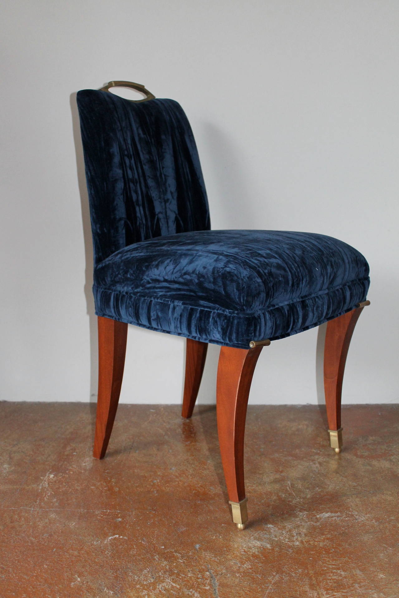 Arturo Pani Mahogany and Crushed Blue Velvet Dining Chairs, Mexico, 1950s 2