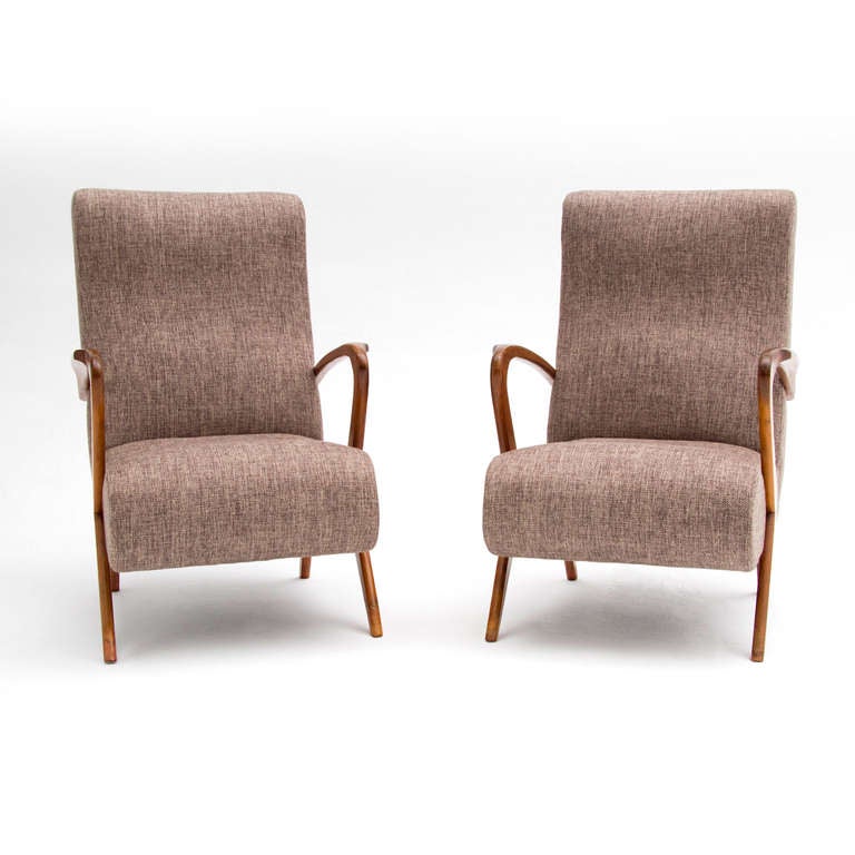 Pair of armchairs style Carlo Mollino, made in solid ash wood in fork form. Upholstery in brown sackcloth. Italy 1950´s.
