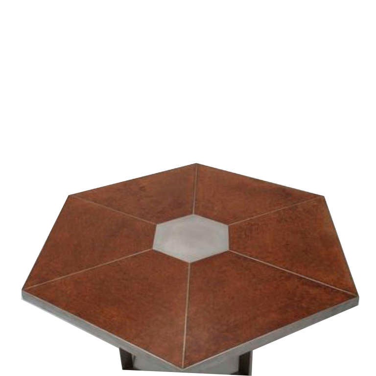 Hexagonal pedestal table with steel plate and finished with coated walnut root.France 1960´s