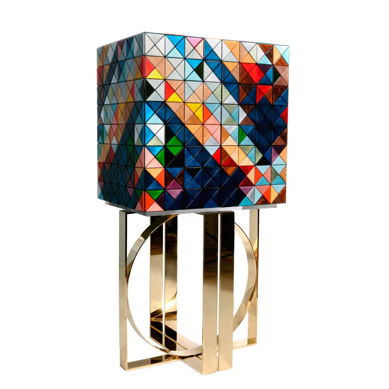 Pixel cabinet designed by Boca do Lobo, made in solid wood covered with 1088 triangles in tile form in different finished. Interior composed by drawers covered in aged mirrors and doors finished in purple padded cloth.