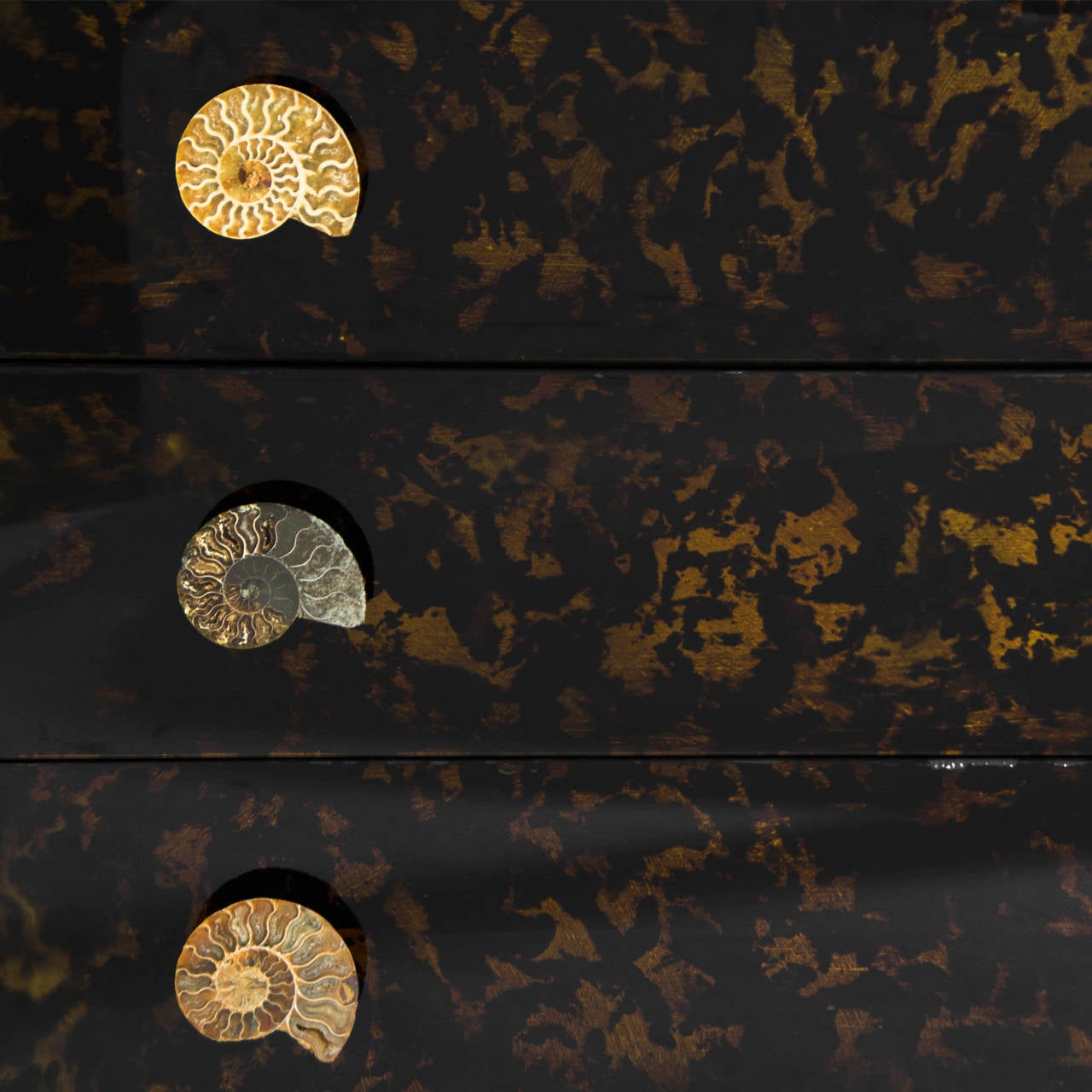 Mallorquine commode composed by three drawers covered in crystal hand made painted on imitated carey, with outline made in plumb with handles made in “ammonites” finished in brass. Edited by L.A. Studio Interiorismo. Spain XIX century.