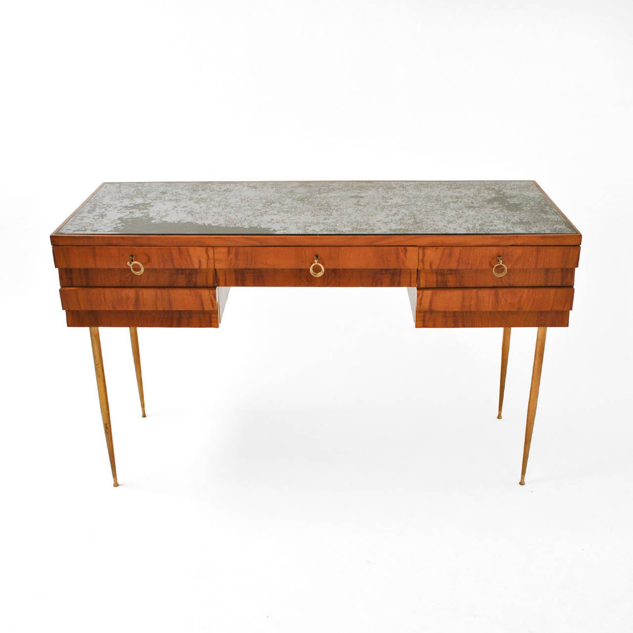 Console/ boudoir made in solid wood made in post-cubist form at frontal. Composed by five drawers and legged in brass in needle form and crackle black crystal on top.