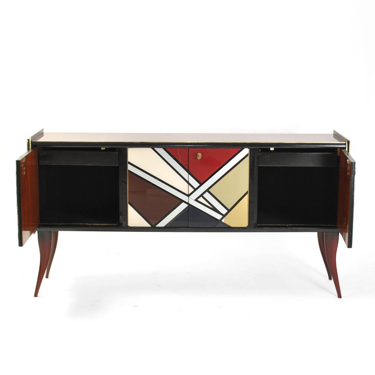 Sideboard composed by four doors whit central shelve and drawers at interior. MAde in solid wood covered in Murano glass in geometrical pattern with details in brass.