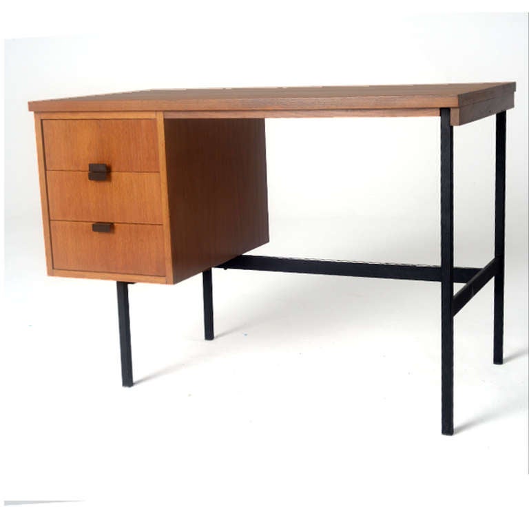 Desk designed by Jacques Hitier made in solid wood covered in rosewood with structure made in black lacquer metal