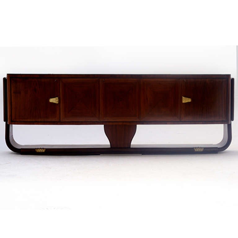 Sideboard made in solid wood and covered in rosewood, bronze hanger and black crystal on top. Italy, 1940.