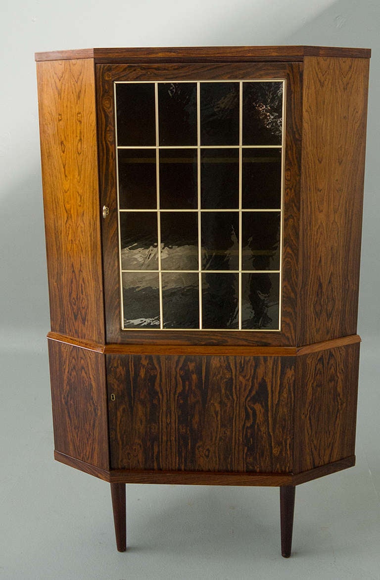 Danish Modern Rosewood Leaded Glass Corner Cabinet