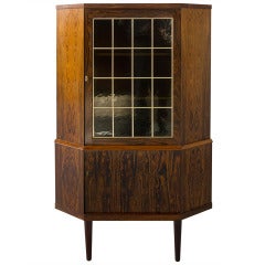Danish Modern Rosewood Leaded Glass Corner Cabinet
