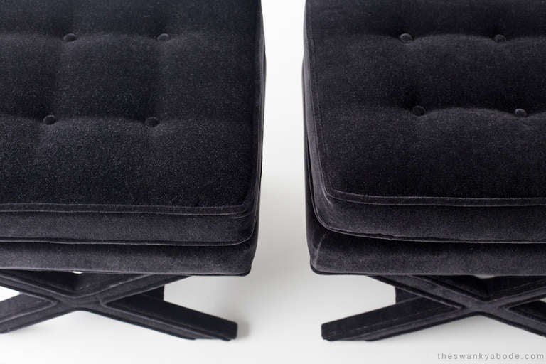 designer: Billy Baldwin
Period/Model: Mid Century Modern
Specs:  Black Mohair

condition:

These Billy Baldwin benches are in excellent restored condition. Reupholstered with original intergrity including hand cut foam and Mohair.
