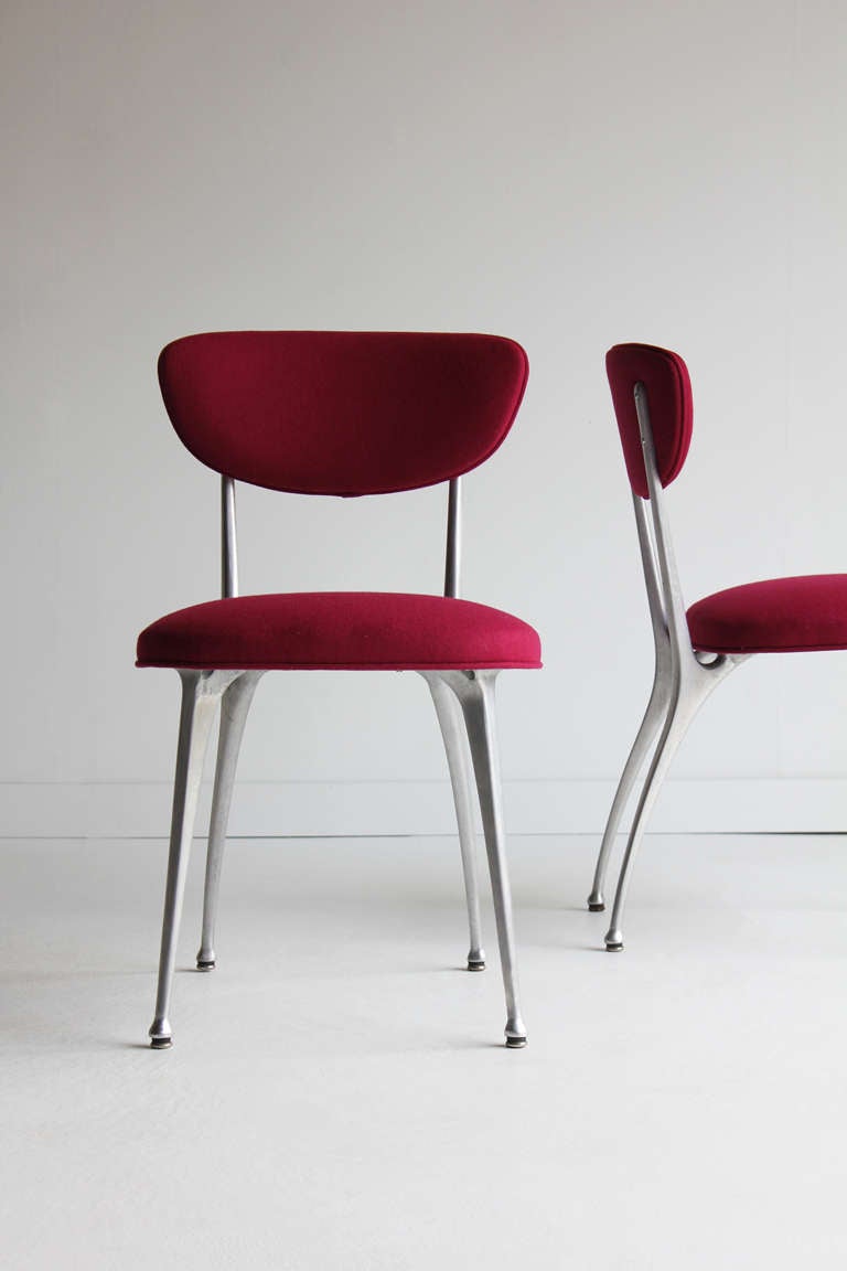 Gazelle Side Chairs for Shelby Williams.<br />
<br />
These chairs have been reupholstered with normal wear on the aluminum legs. We love them.<br />
<br />
Seat Depth: 15.25<br />
