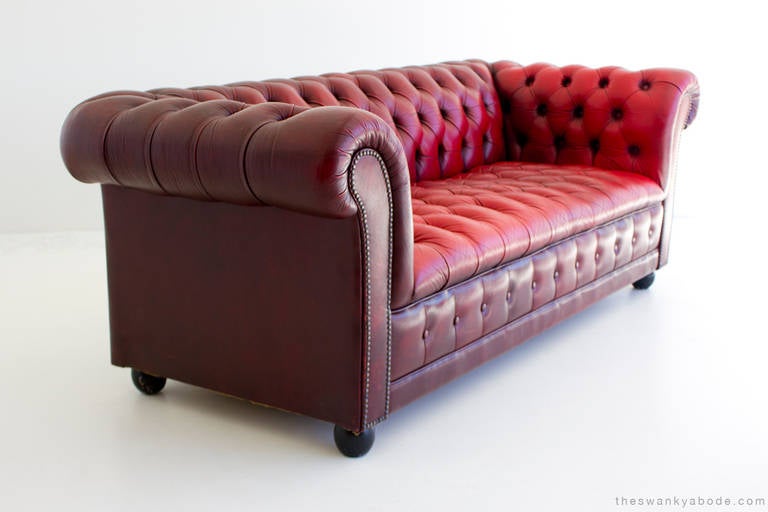 Mid-Century Modern Red Leather Chesterfield Sofa