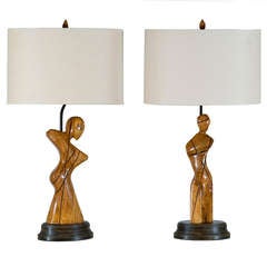 Georgeous Pair of Modern Male/Female Carved Sculptures as Lamps