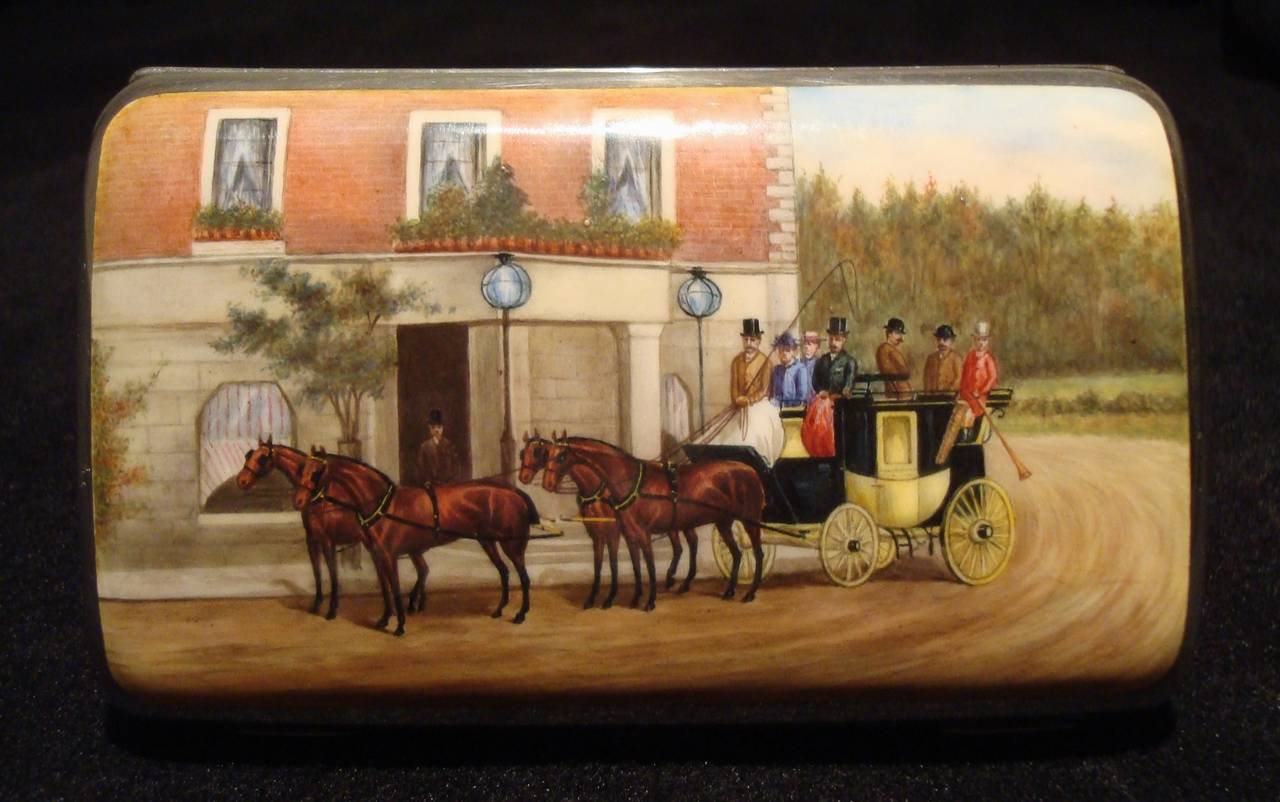 A superb quality 19th century silver and enamel cigar case, of large rectangular shape and slight curved form for comfortable fit in a breast pocket; the lid with a charming enamel scene depicting a coach and passengers drawn by team of four bay