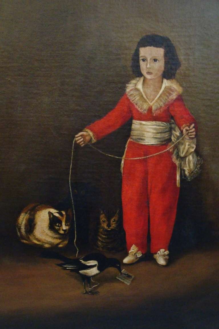 Forvent det Anstændig benzin A Charming 19th Century Oil Painting of Child Playing with Magpie and Cats  For Sale at 1stDibs | goya boy in red suit