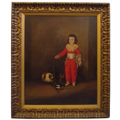 A Charming 19th Century Oil Painting of Child Playing with Magpie and Cats