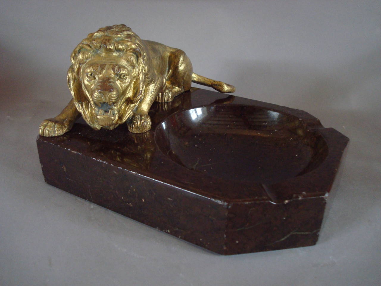 Gilt Early 20th Century Lion and Marble Ashtray