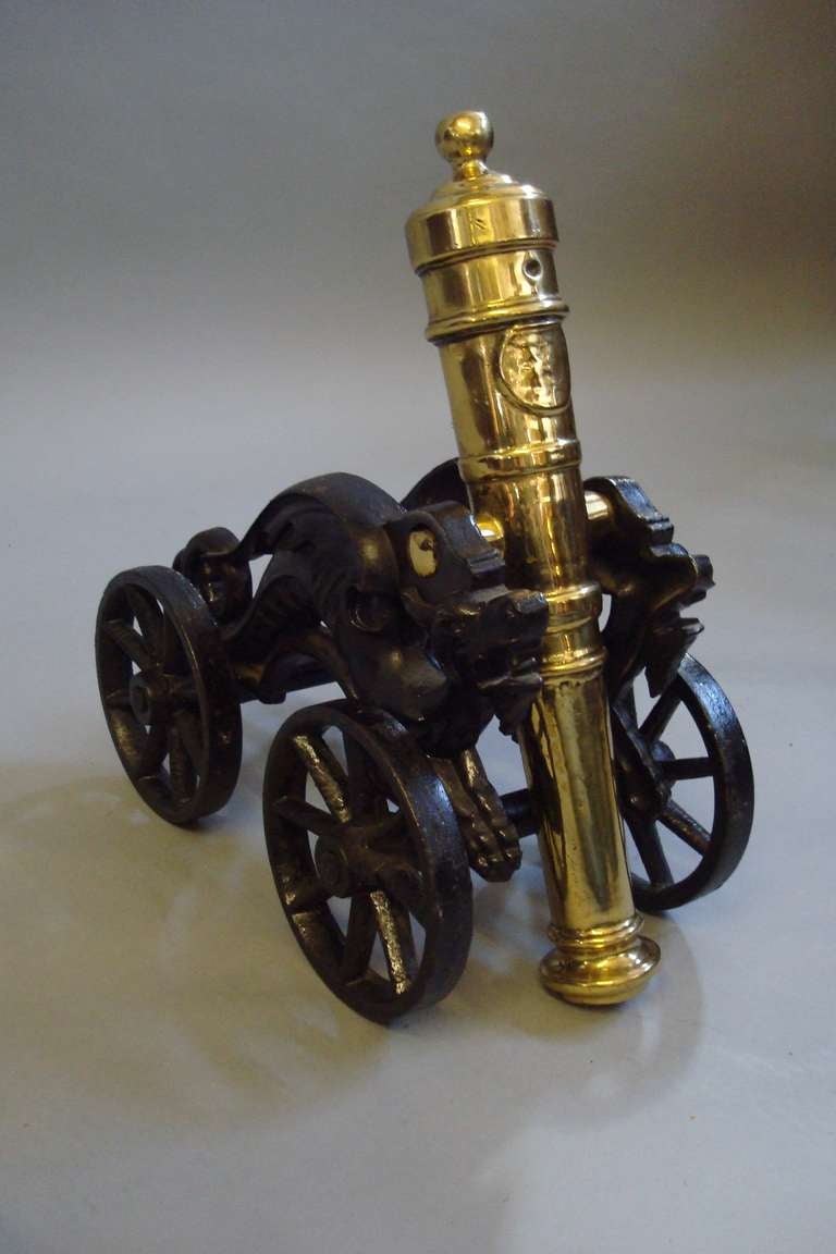 19th Century Pair of Ornamental Brass Cannons on Cast Iron 4 Wheel Carriages 1
