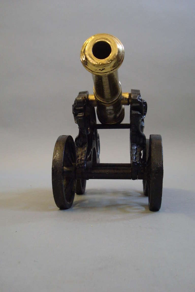 19th Century Pair of Ornamental Brass Cannons on Cast Iron 4 Wheel Carriages 2