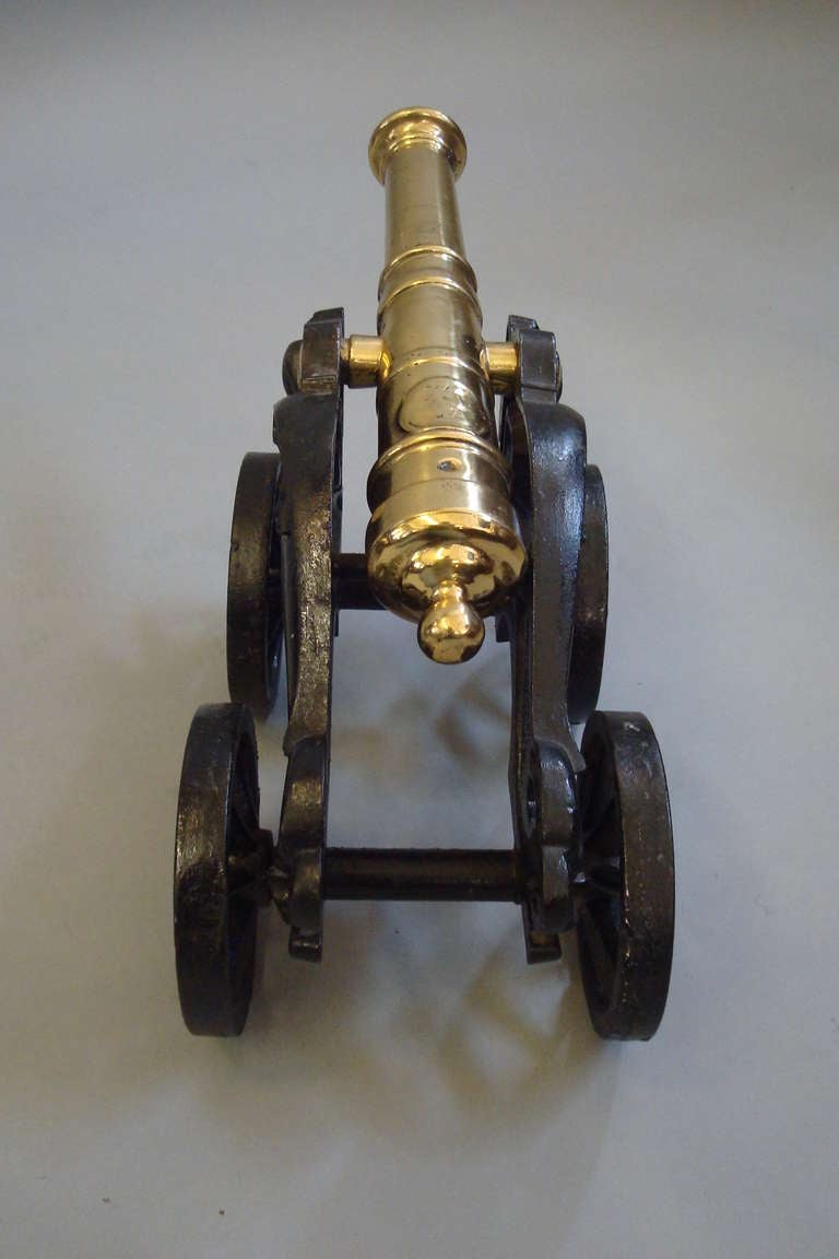 19th Century Pair of Ornamental Brass Cannons on Cast Iron 4 Wheel Carriages 3